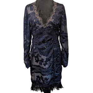 Elie Tahari Navy Whimsigoth Silk-Blend Devoré Velvet Lace Fringe Dress 4